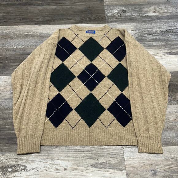 Pendleton Other - Vintage 90s Pendleton Cream Blue Argyle Mens L 100% Lambs Wool Sweater Preppy